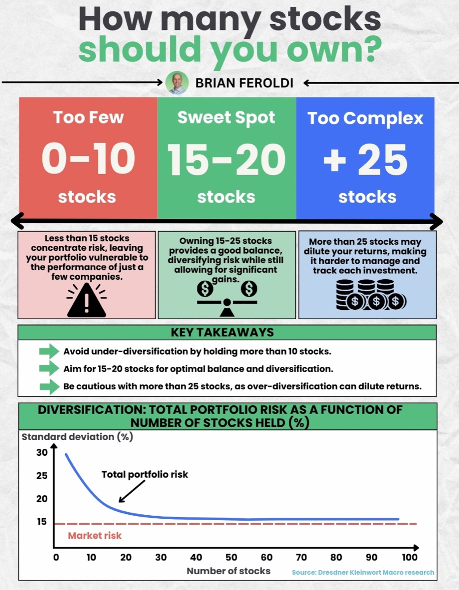 How Many Stocks Should You Own infographic by Brian Feroldi. Three bands: too few at 0 to 10 stocks, a sweet spot at 15 to 20 stocks, and too complex above 25 stocks. Holding fewer than 15 concentrates risk and leaves the portfolio vulnerable to a few companies; owning 15 to 25 balances diversification against meaningful gains; more than 25 can dilute returns and makes each investment harder to manage and track. Key takeaways: avoid under-diversification by holding more than 10 stocks, aim for 15 to 20 for balance, and be cautious above 25. A chart from Dresdner Kleinwort Macro research plots total portfolio risk as standard deviation against the number of stocks held, falling steeply from about 29% at a few holdings and flattening toward the market risk floor of roughly 15% by around 20 to 30 stocks.